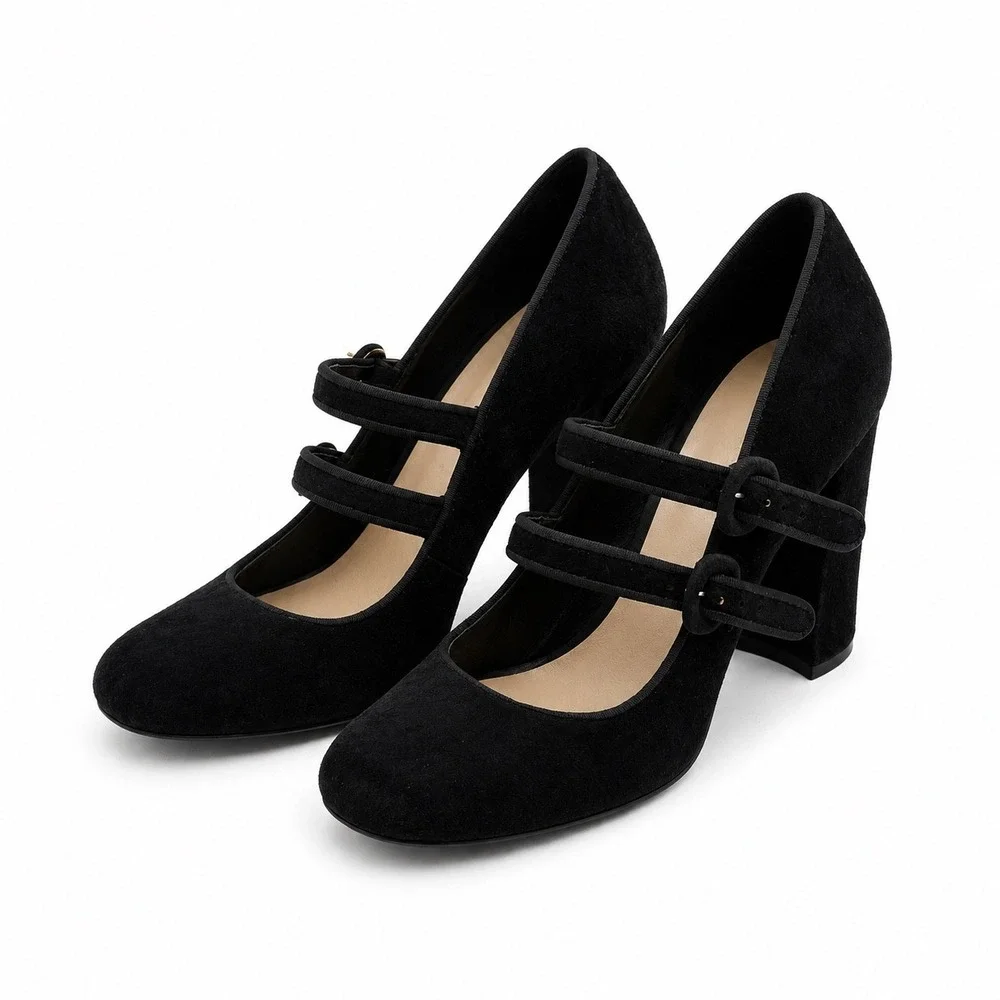 Nine West Vintage Y2K Black Suede Double Strap Mary Jane Heels Women's Size 8.5
